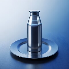 Metallic Bottle on Round Plate with Blue Reflections – Modern Futuristic Product Design