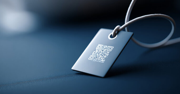 Close-up of a black rectangular tag with a white QR code attached to a metal cable on a dark textured surface
