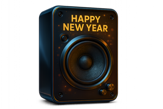 black and gold audio speaker box with happy new year text for musical party celebration and events