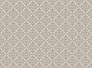 Seamless ornamental pattern of symmetrical floral and vine motifs in brown tone arranged in a diamond grid on a beige background.