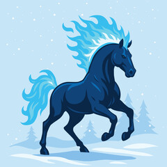 Powerful winter horse with a glowing blue fire mane, symbolizing December energy. Detailed 2D vector illustration featuring icy atmosphere, snow effects and dynamic motion. Perfect for calendars, holi