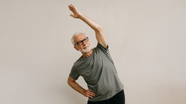 Elderly man wearing glasses doing side stretching exercise against neutral background. - Powered by Adobe