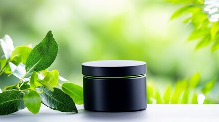 A black cosmetic jar with a thin green line around its lid is placed on a white surface next to a branch with vibrant green leaves.