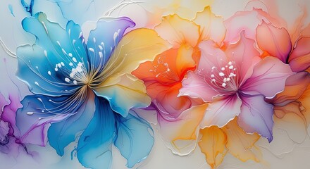 Vibrant abstract floral art in blended blues, purples, yellows, oranges, and pinks with white stamens against a light background. Wallart, banner