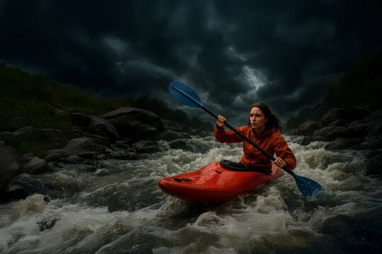 Focused kayaker paddling a red kayak through raging whitewater rapids under storm clouds, extreme river adventure and outdoor action. - Powered by Adobe