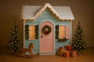 Cozy christmas gingerbread house with wreath gifts and snowy roof illustration