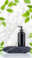 A black pump bottle and a white jar are displayed on a dark, striped stone, with blurred green leaves and a marble background.