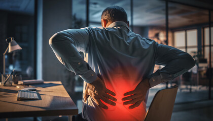 A man working in office, suffering from lower back pain, hands on muscle inflammation as he gets up from his desk, lumbar red warning highlight