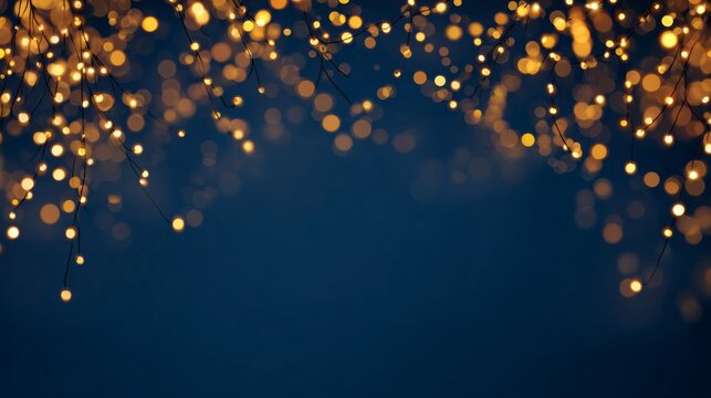 Abstract festive christmas xmas,, new year's eve, holiday, celebration background - Frame made of bokeh of golden string of lights, fairy lights, dark blue night sky texture