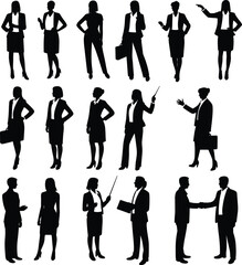 Silhouettes of business people in professional poses, black vector illustration of office workers communicating, presenting, and shaking hands