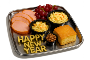 Happy new year celebration food platter with ham cornbread cranberries and text isolated on transparent background
