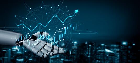 A robotic hand showcases data analysis with dynamic graphs and upward trends, symbolizing technology, investment, and futuristic growth against an urban backdrop. Scalp