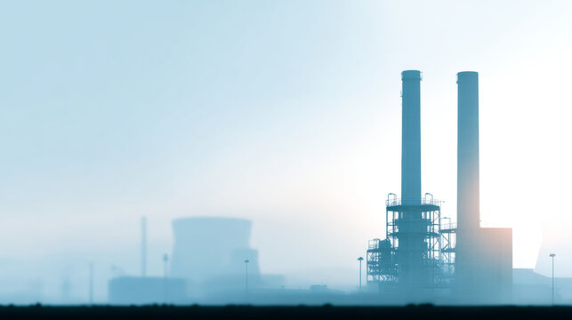 Industrial power plant with tall chimneys and cooling towers in foggy atmosphere during sunrise or sunset