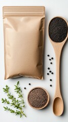 A flat lay composition featuring a brown paper pouch, a wooden spoon with black seeds, a bowl of seeds, and fresh herbs on a white background.