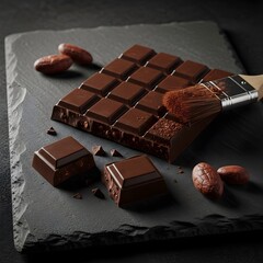 Dark Chocolate Bar with Cocoa Powder and Beans on Slate Board – Gourmet Confectionery Dessert