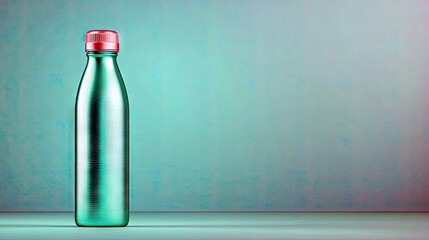 A single, brushed teal metal water bottle with a red cap stands against a textured teal background.