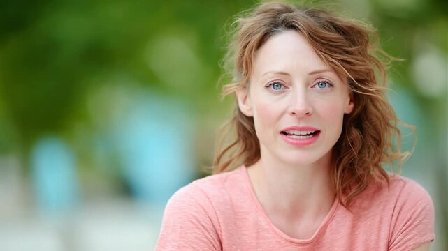 Video of a middle-aged woman in a pink shirt talking on nature background