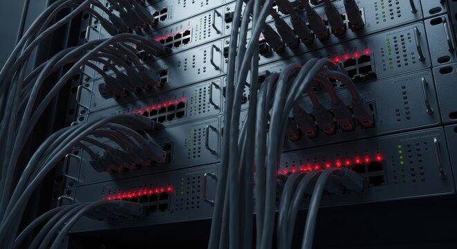 Network servers with connected cables forming a critical infrastructure for data processing and information technology