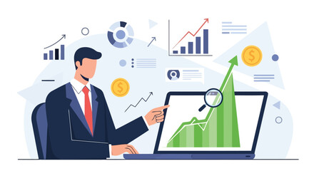 Illustration of businessman pointing at a laptop screen showing a growing financial graph with charts and coins