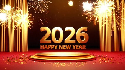 Golden 2026 Happy New Year celebration with dazzling fireworks exploding above a stage podium and - Powered by Adobe
