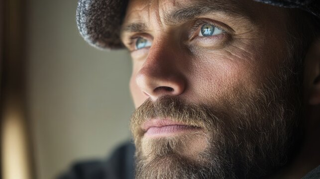 Thoughtful man with beard and hat gazing out of window