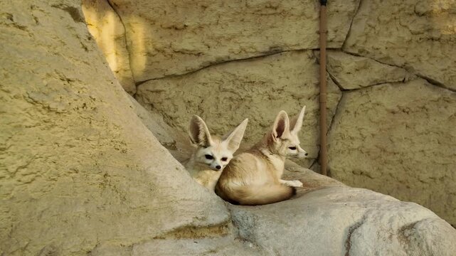 Two cute fennec foxes sitting on the rock In Al Ain Zoo