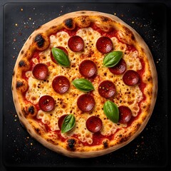 Pepperoni Pizza with Cheese and Basil on Dark Background – Italian Gourmet Food Photography