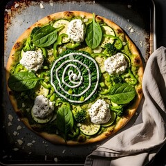 Green Vegetarian Pizza with Spinach and Ricotta on Rustic Tray – Healthy Gourmet Food Concept