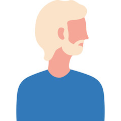 Flat Design Portrait of a Bearded Man Wearing a Blue Crew Neck T Shirt Facing Sideways with Blonde Hair and Peach Skin Tone on a Transparent Background