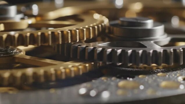 Intricate Golden and Silver Clockwork Gears Meshing Smoothly Macro Shot With Water Droplets Reflecting Light