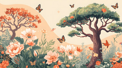 autumn landscape with trees and birds