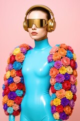 A woman in a blue outfit with flowers on it