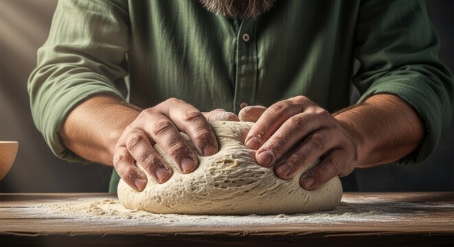 Bearded baker kneading a ball of dough on a floured wooden surface prepares for fresh bread baking an artisan loaf at home