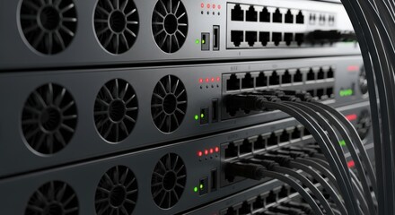 Server hardware with cables and cooling system for data processing and networking equipment for online data information technology