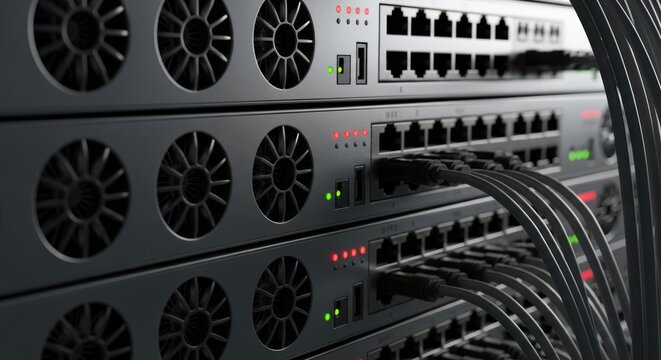 Server hardware with cables and cooling system for data processing and networking equipment for online data information technology - Powered by Adobe