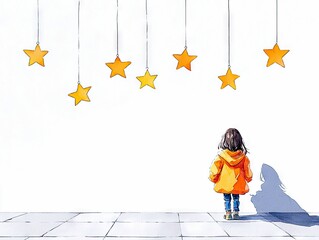A young child stands with their back to the viewer, looking up at a row of yellow stars hanging from thin strings against a white background.
