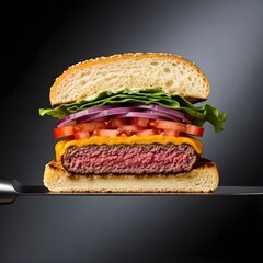 Half Cut Cheeseburger with Fresh Vegetables and Melted Cheese on Dark Background – Gourmet Fast Food
