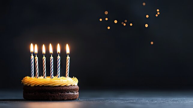 A chocolate cake with yellow frosting is decorated with seven lit birthday candles and sits on a dark surface with bokeh lights in the background.