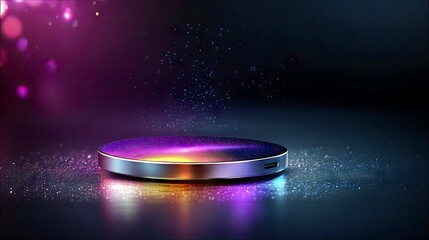 A circular stage with a metallic rim is illuminated by vibrant purple and pink lights, with shimmering particles floating around it.