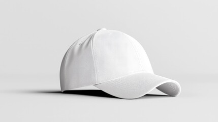 A plain white baseball cap is presented in a studio setting against a neutral gray backdrop.
