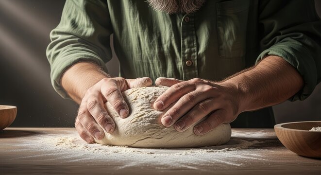 Artisan baker kneading fresh dough on a floured wooden table preparing homemade bread for a traditional recipe
