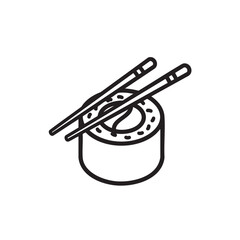 Sushi Roll Icon with Chopsticks, Simple Black and White Line Art. Japanese Maki Vector Illustration for Asian Food Restaurant Menu or Seafood Logo.
