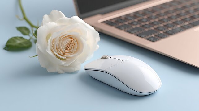 White wireless mouse beside rose gold laptop on light blue background modern minimalist workspace flat lay for technology blog online business and home office desk - Powered by Adobe