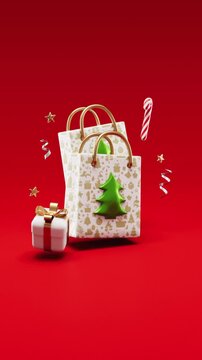 Merry Christmas looping video for social media with shopping bags surrounded by festive decorations and copy space on a red background in 3D animation