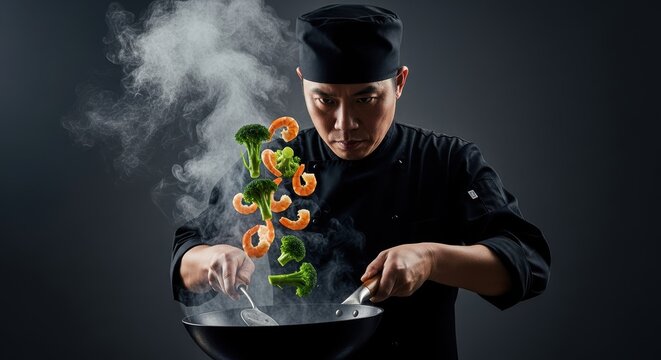 Chef tossing stir fry shrimp and broccoli in a wok showcasing culinary skill food preparation and delicious asian cuisine