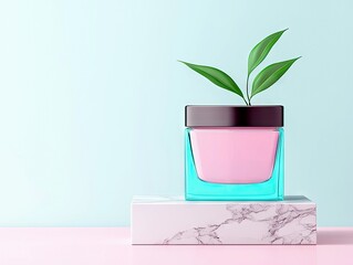 A square glass jar filled with pink cream sits on a marble block, with a green plant growing from the top.