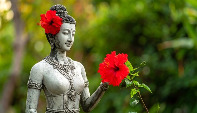 Statue of a woman adorned with red flowers. Green foliage backdrop