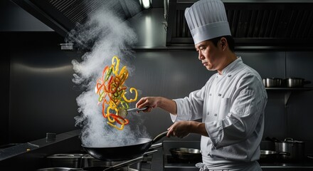 Chef skillfully tossing stir fry vegetables in a hot wok with rising steam in a professional kitchen creating a vibrant culinary scene