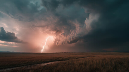 dramatic lightning strike illuminating a stormy sky over open grasslands