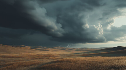 looming storm clouds gathering over wide open grassland landscape
